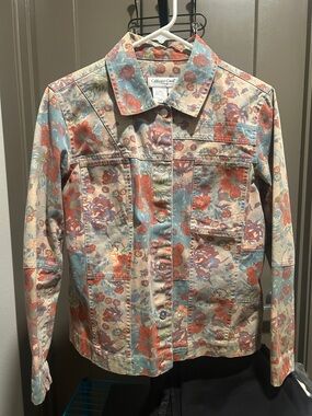 Coldwater Creek Cream Denim Jacket with Coral & Light Blue Floral Print